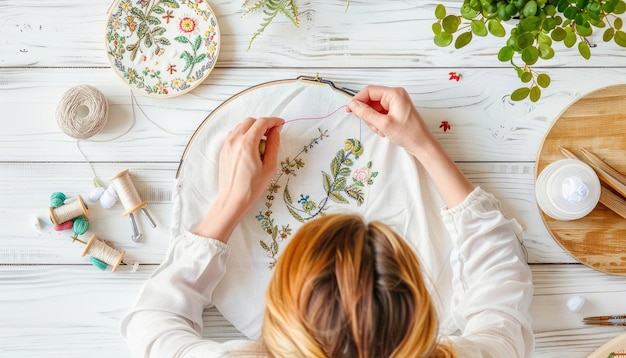Kobieta haftująca delikatny wzór